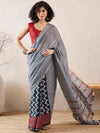 Ahika Women Grey Linen Striped Printed Saree-VFSAR1010