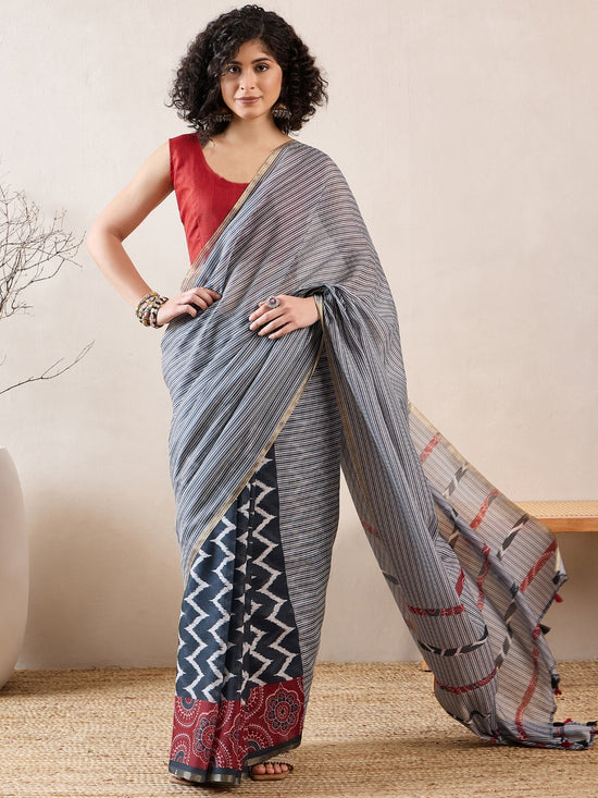 Ahika Women Grey Linen Striped Printed Saree-VFSAR1010