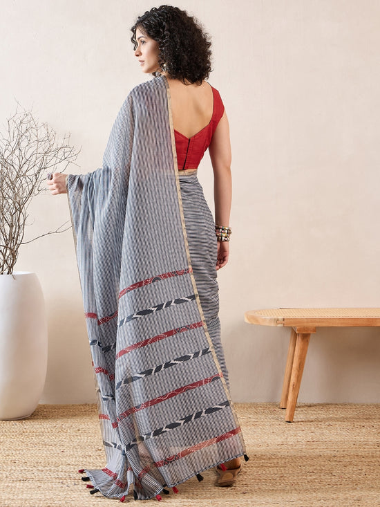 Ahika Women Grey Linen Striped Printed Saree-VFSAR1010