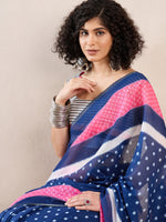 Ahika Women Blue Linen Geometric Printed Saree-VFSAR1011