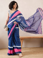 Ahika Women Blue Linen Geometric Printed Saree-VFSAR1011