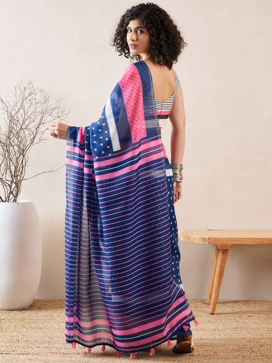 Ahika Women Blue Linen Geometric Printed Saree-VFSAR1011