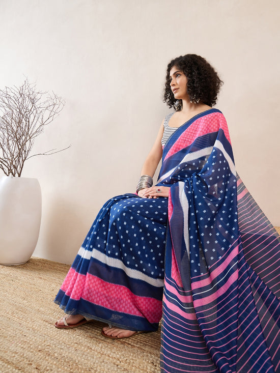 Ahika Women Blue Linen Geometric Printed Saree-VFSAR1011