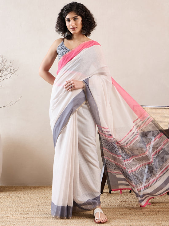 Ahika Women White Linen Geometric Printed Saree-VFSAR1012