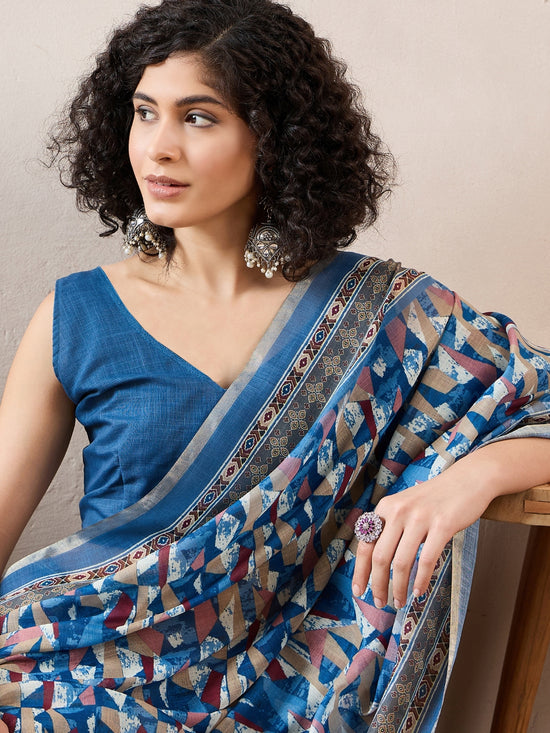 Ahika Women Blue Linen Abstract Printed Saree-VFSAR1014