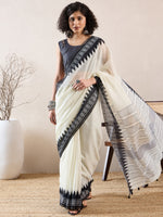 Ahika Women White Linen Ikat Printed Saree-VFSAR1015