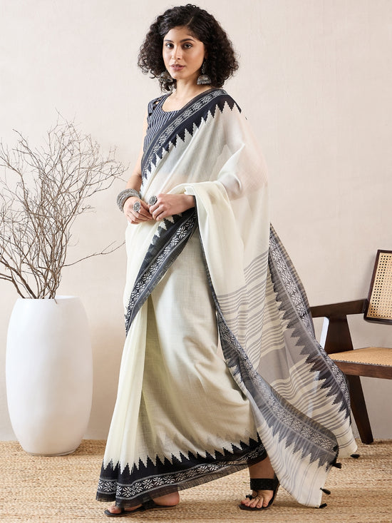 Ahika Women White Linen Ikat Printed Saree-VFSAR1015