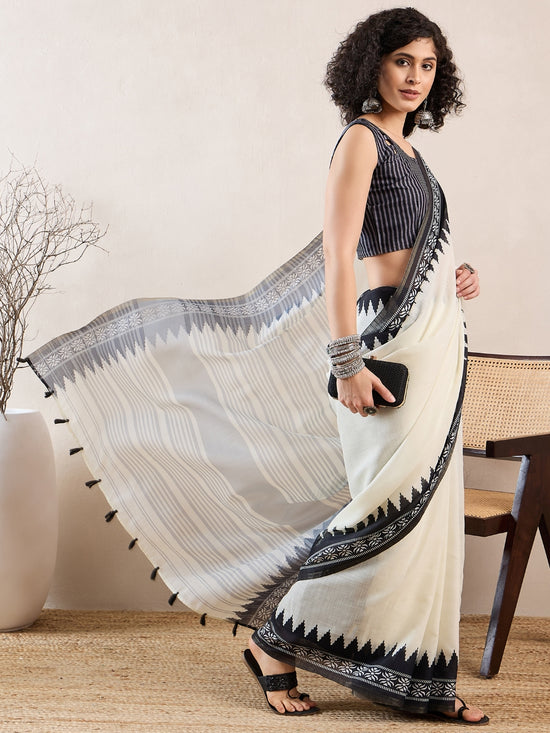 Ahika Women White Linen Ikat Printed Saree-VFSAR1015