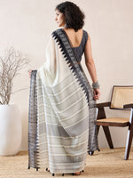 Ahika Women White Linen Ikat Printed Saree-VFSAR1015