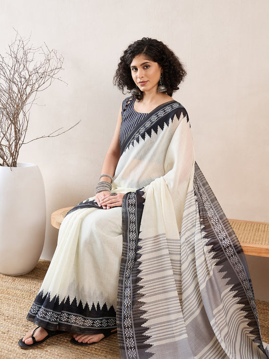 Ahika Women White Linen Ikat Printed Saree-VFSAR1015