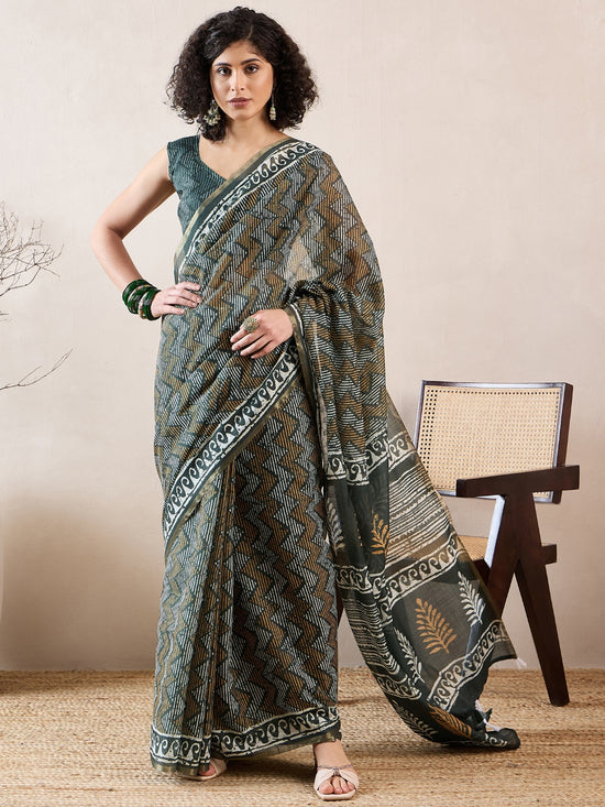 Ahika Women Green Linen Geometric Printed Saree-VFSAR1018