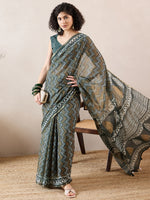 Ahika Women Green Linen Geometric Printed Saree-VFSAR1018