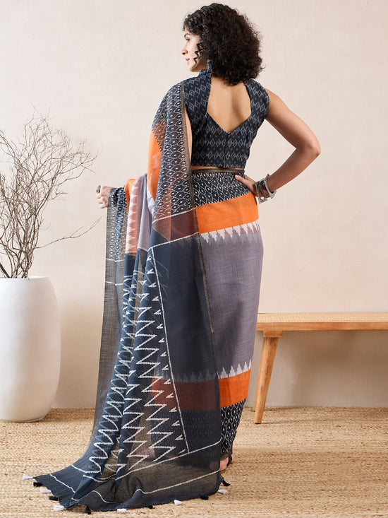 Ahika Women Grey Linen Ikat Printed Saree-VFSAR1020