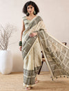 Ahika Women Off White Linen Geometric Printed Saree-VFSAR1021