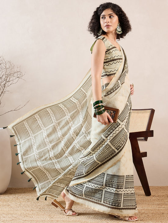 Ahika Women Off White Linen Geometric Printed Saree-VFSAR1021