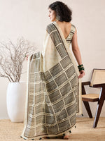 Ahika Women Off White Linen Geometric Printed Saree-VFSAR1021