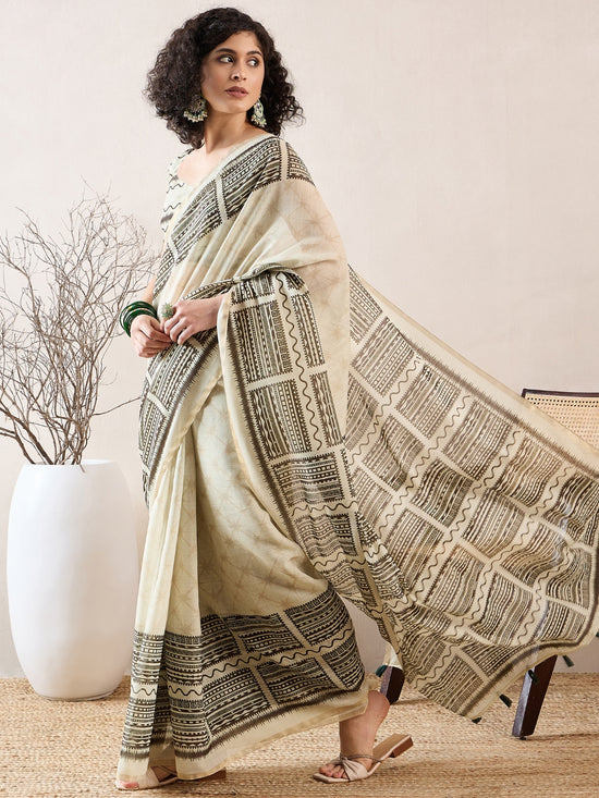 Ahika Women Off White Linen Geometric Printed Saree-VFSAR1021