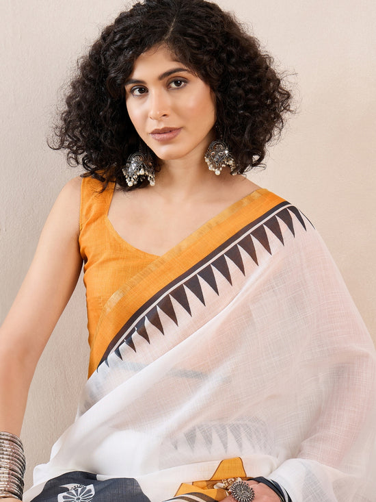 Ahika Women White Linen Geometric Printed Saree-VFSAR1022