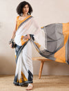 Ahika Women White Linen Geometric Printed Saree-VFSAR1022