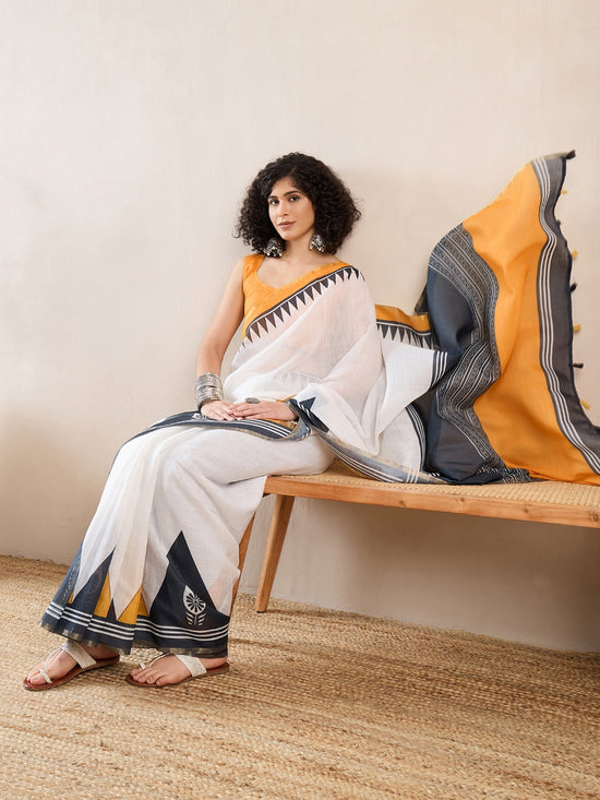 Ahika Women White Linen Geometric Printed Saree-VFSAR1022