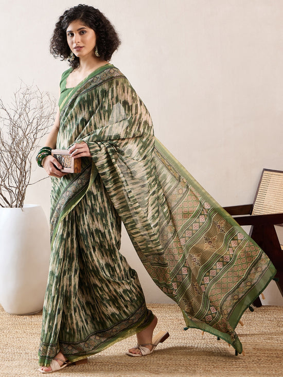 Ahika Women Green Linen Abstract Printed Saree-VFSAR1023