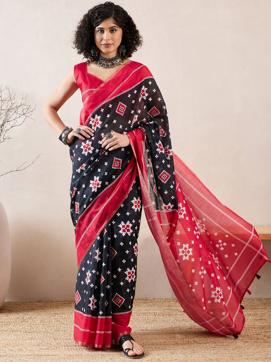 Ahika Women Black Linen Geometric Printed Saree-VFSAR1024