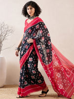 Ahika Women Black Linen Geometric Printed Saree-VFSAR1024