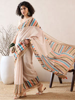 Ahika Women Off White Linen Geometric Printed Saree-VFSAR1026