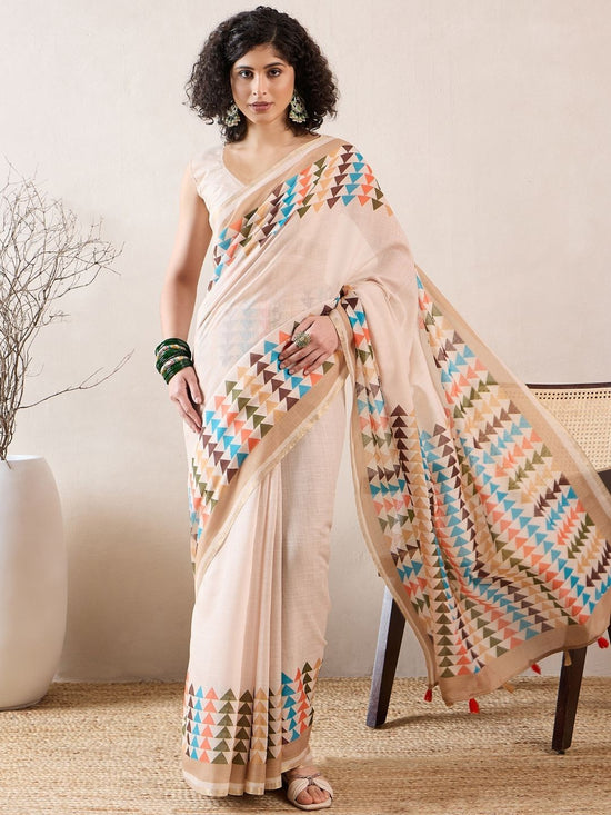 Ahika Women Off White Linen Geometric Printed Saree-VFSAR1026