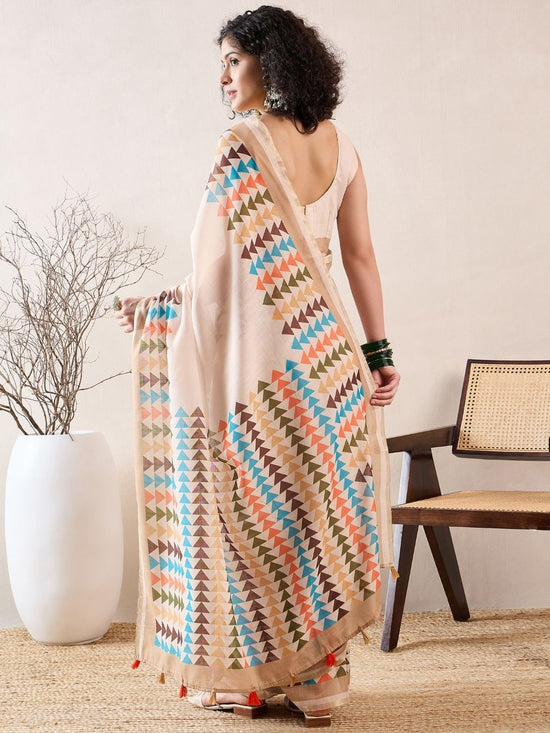 Ahika Women Off White Linen Geometric Printed Saree-VFSAR1026