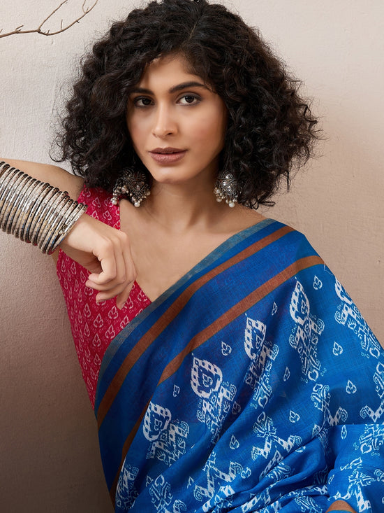 Ahika Women Blue Linen Ikat Printed Saree-VFSAR1027