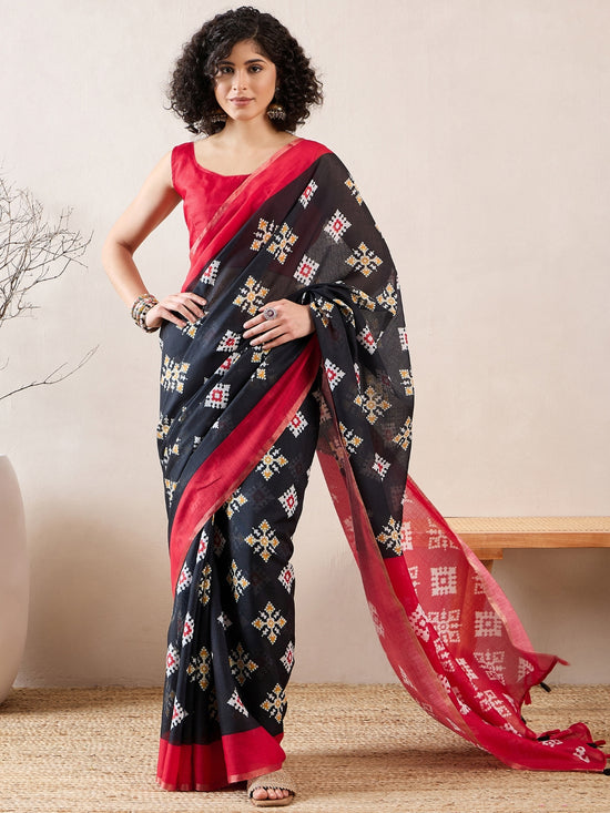 Ahika Women Black Linen Geometric Printed Saree-VFSAR1029