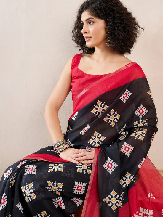 Ahika Women Black Linen Geometric Printed Saree-VFSAR1029