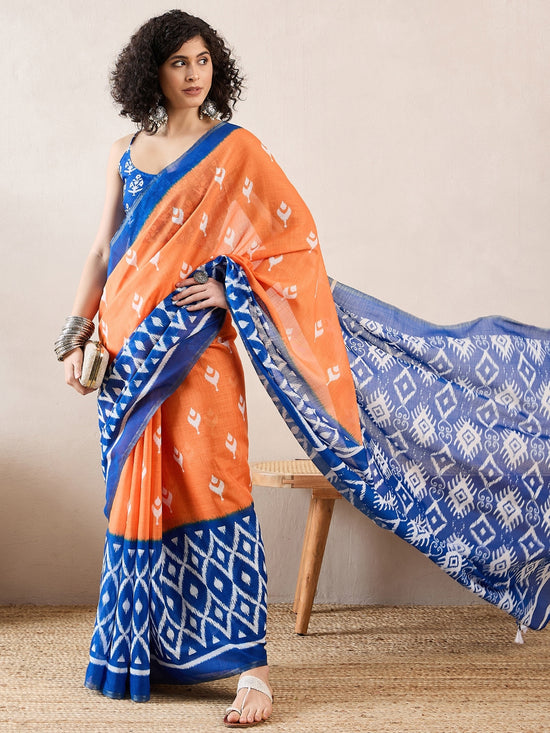 Ahika Women Orange Linen Ikat Printed Saree-VFSAR1030