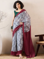 Ahika Women Grey Linen Ikat Printed Saree-VFSAR1032