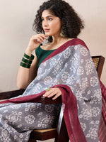 Ahika Women Grey Linen Ikat Printed Saree-VFSAR1032