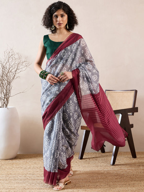 Ahika Women Grey Linen Ikat Printed Saree-VFSAR1032