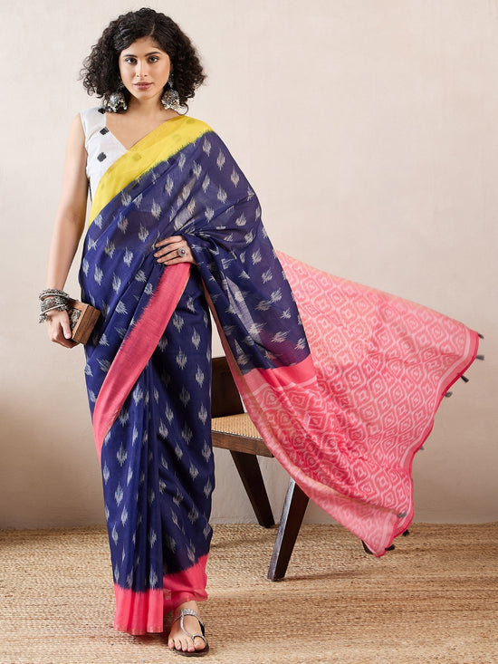 Ahika Women Blue Linen Ikat Printed Saree-VFSAR1034