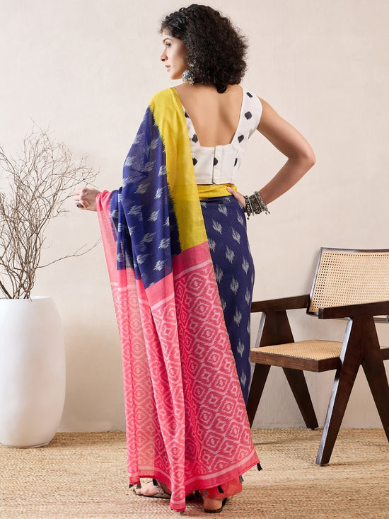 Ahika Women Blue Linen Ikat Printed Saree-VFSAR1034