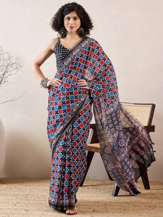 Ahika Women Black Linen Ajrak Printed Saree-VFSAR1035