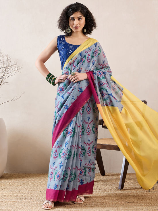 Ahika Women Grey Linen Ikat Printed Saree-VFSAR1036