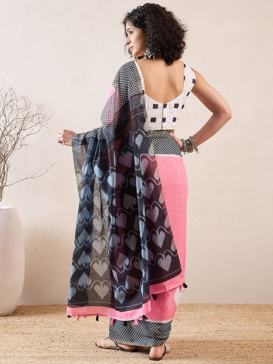 Ahika Women Pink Linen Geometric Printed Saree-VFSAR1037