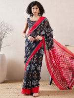 Ahika Women Black Linen Ikat Printed Saree-VFSAR1038