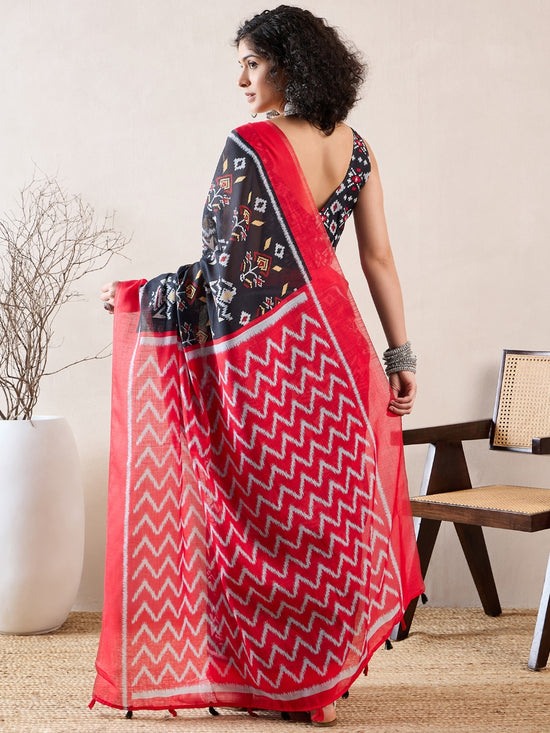 Ahika Women Black Linen Ikat Printed Saree-VFSAR1038