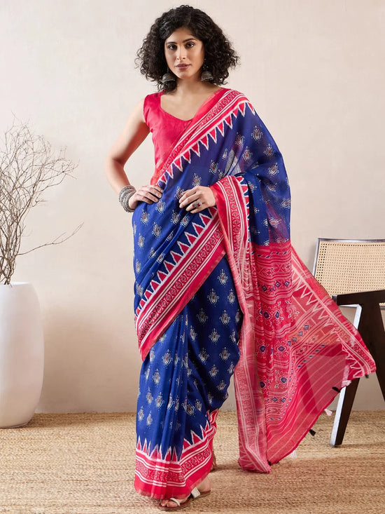 Ahika Women Blue Linen Pochampally Printed Saree-VFSAR1039