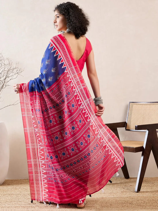 Ahika Women Blue Linen Pochampally Printed Saree-VFSAR1039