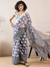 Ahika Women Grey Linen Geometric Printed Saree-VFSAR1040