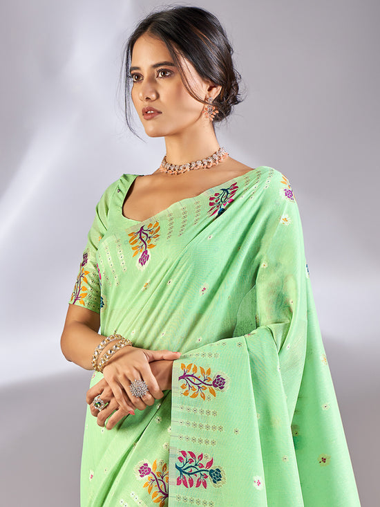 Saree Mall Women's Cotton Blend Sea Green Woven Design Designer Saree With Blouse Piece-VIHANA87202