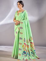 Saree Mall Women's Cotton Blend Sea Green Woven Design Designer Saree With Blouse Piece-VIHANA87202