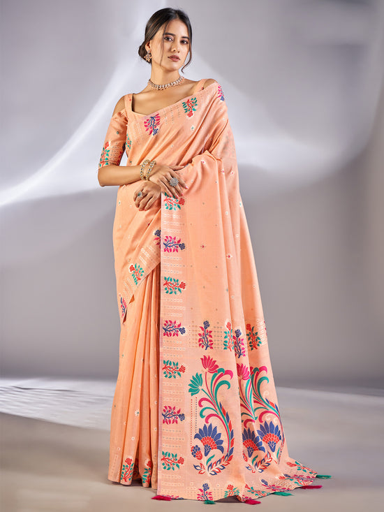 Saree Mall Women's Cotton Blend Peach Woven Design Designer Saree With Blouse Piece-VIHANA87203